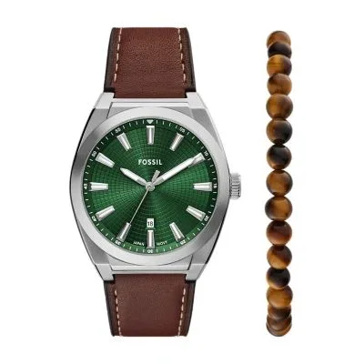 Everett Three-Hand Date Brown Leather Watch and Bracelet Set Everett Three-Hand Date Brown Leather Watch and Bracelet Set