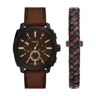 Machine Chronograph Brown Leather Watch and Bracelet Set