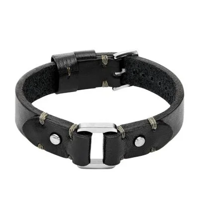 Machine Rugged Stainless Steel and Black Leather Strap Bracelet Machine Rugged Stainless Steel and Black Leather Strap Bracelet