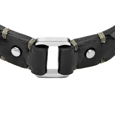 Machine Rugged Stainless Steel and Black Leather Strap Bracelet Machine Rugged Stainless Steel and Black Leather Strap Bracelet