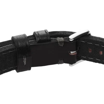 Machine Rugged Stainless Steel and Black Padded Leather Strap Bracelet Machine Rugged Stainless Steel and Black Padded Leather Strap Bracelet