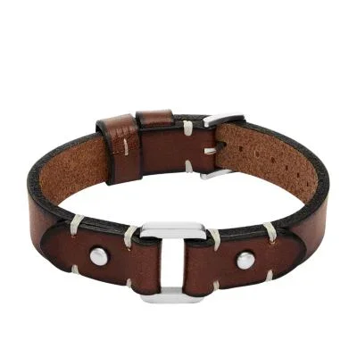 Machine Rugged Stainless Steel and Brown Leather Strap Bracelet Machine Rugged Stainless Steel and Brown Leather Strap Bracelet