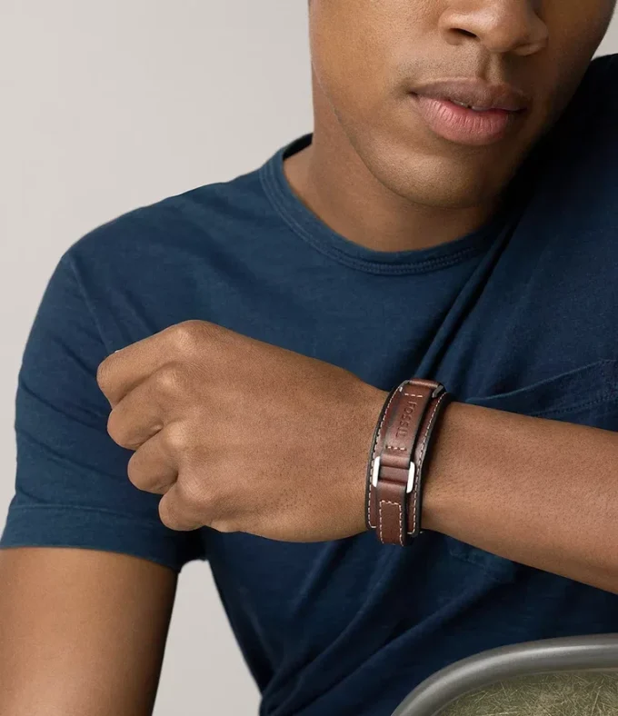 Machine Rugged Stainless Steel and Brown Padded Leather Strap Bracelet Machine Rugged Stainless Steel and Brown Padded Leather Strap Bracelet