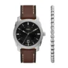 Machine Three-Hand Date Brown Leather Watch and Bracelet Set Machine Three-Hand Date Brown Leather Watch and Bracelet Set