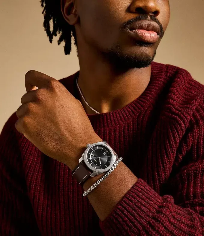 Machine Three-Hand Date Brown Leather Watch and Bracelet Set Machine Three-Hand Date Brown Leather Watch and Bracelet Set