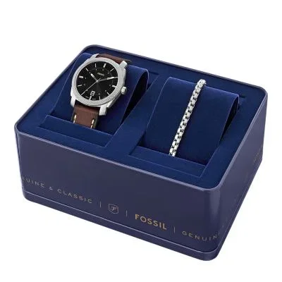 Machine Three-Hand Date Brown Leather Watch and Bracelet Set Machine Three-Hand Date Brown Leather Watch and Bracelet Set