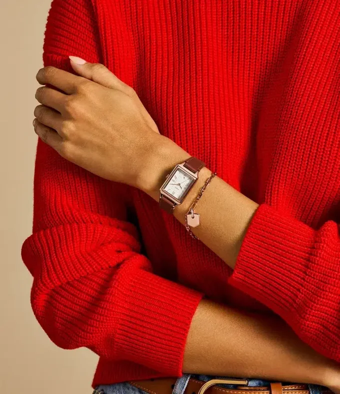 Raquel Three-Hand Date Medium Brown Leather Watch and Bracelet Set